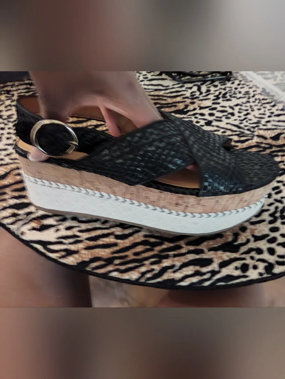 Zara Black Woven Platform Sandals with Cork-Style Midsole 9/Euro 40